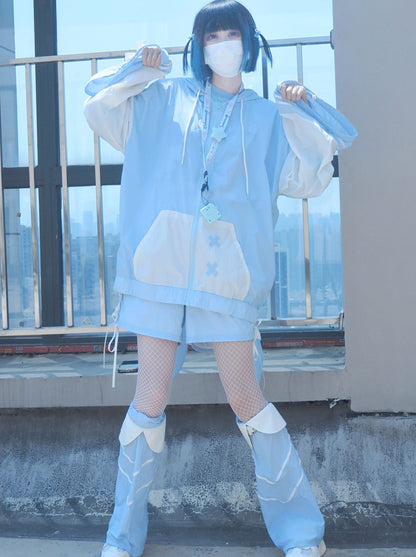 [Angel Neighborhood👼Aqua Angel Subculture Hooded Parka + Ribbon Shorts + Leg Warmers