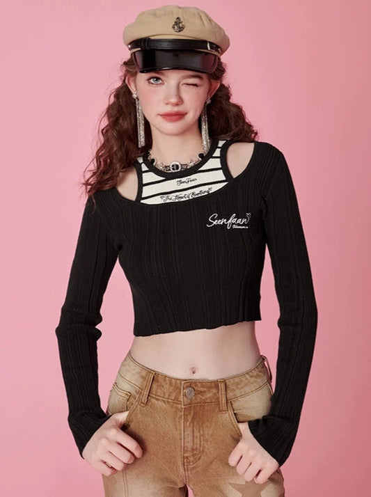 SEENFAAN blooms American cropped knitwear women's fall 2023 new underwear striped vest hot girl suit