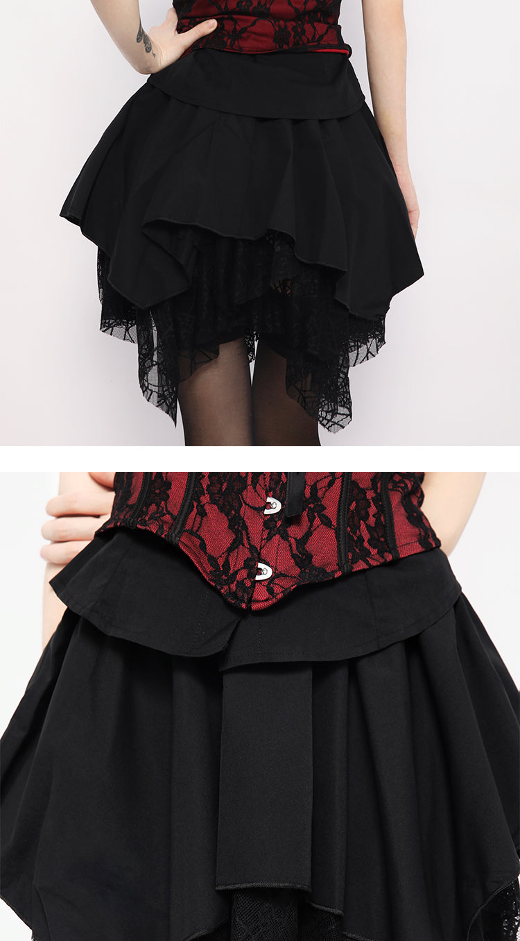 Sweet Cool Coat Style Puff Sleeve Shirt + Red Lace Vest + Spider Nest Race Open Skirt