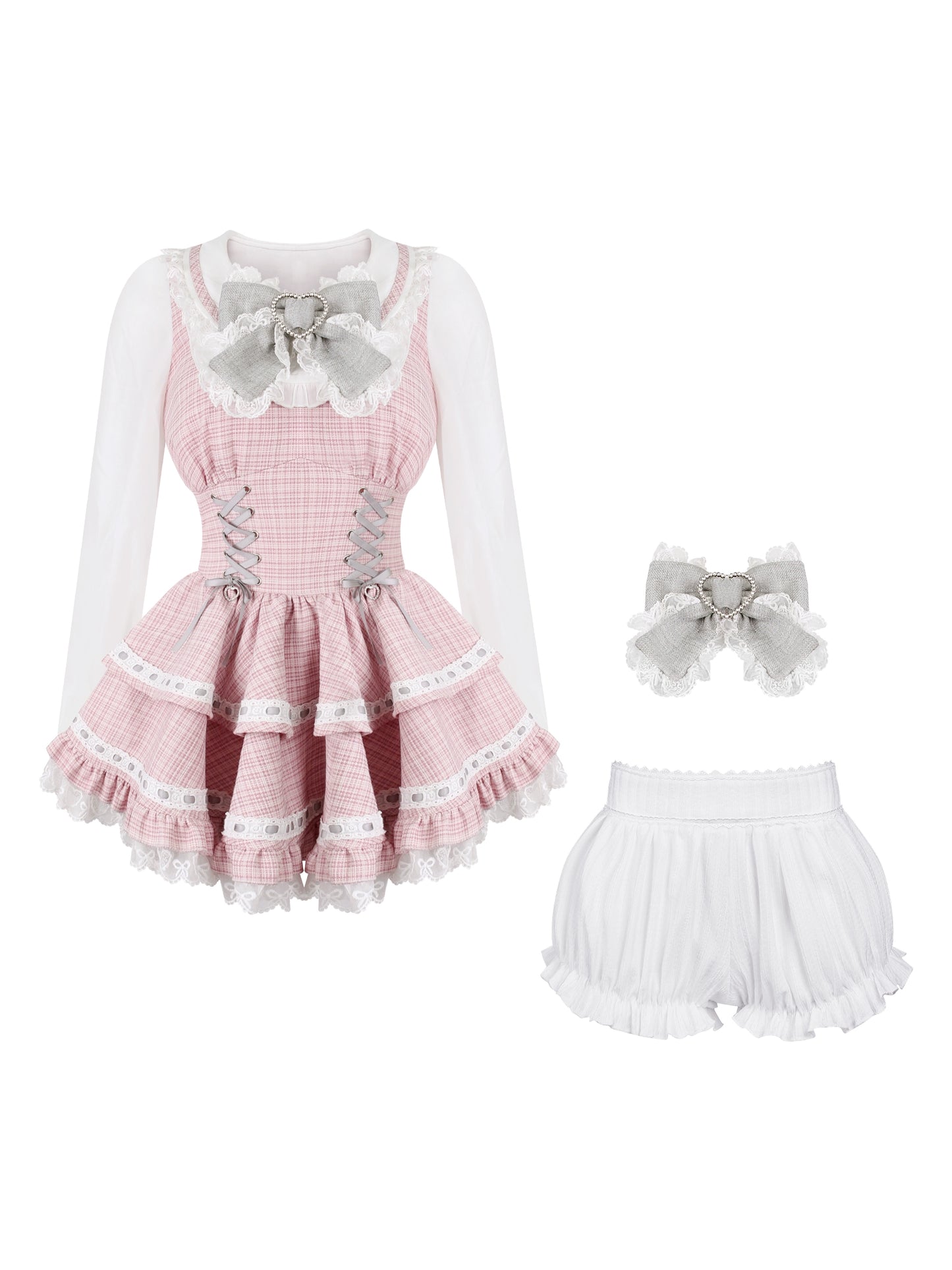 フェイクツーピースドレス（リボン付き）+ホワイトバブルパンツ