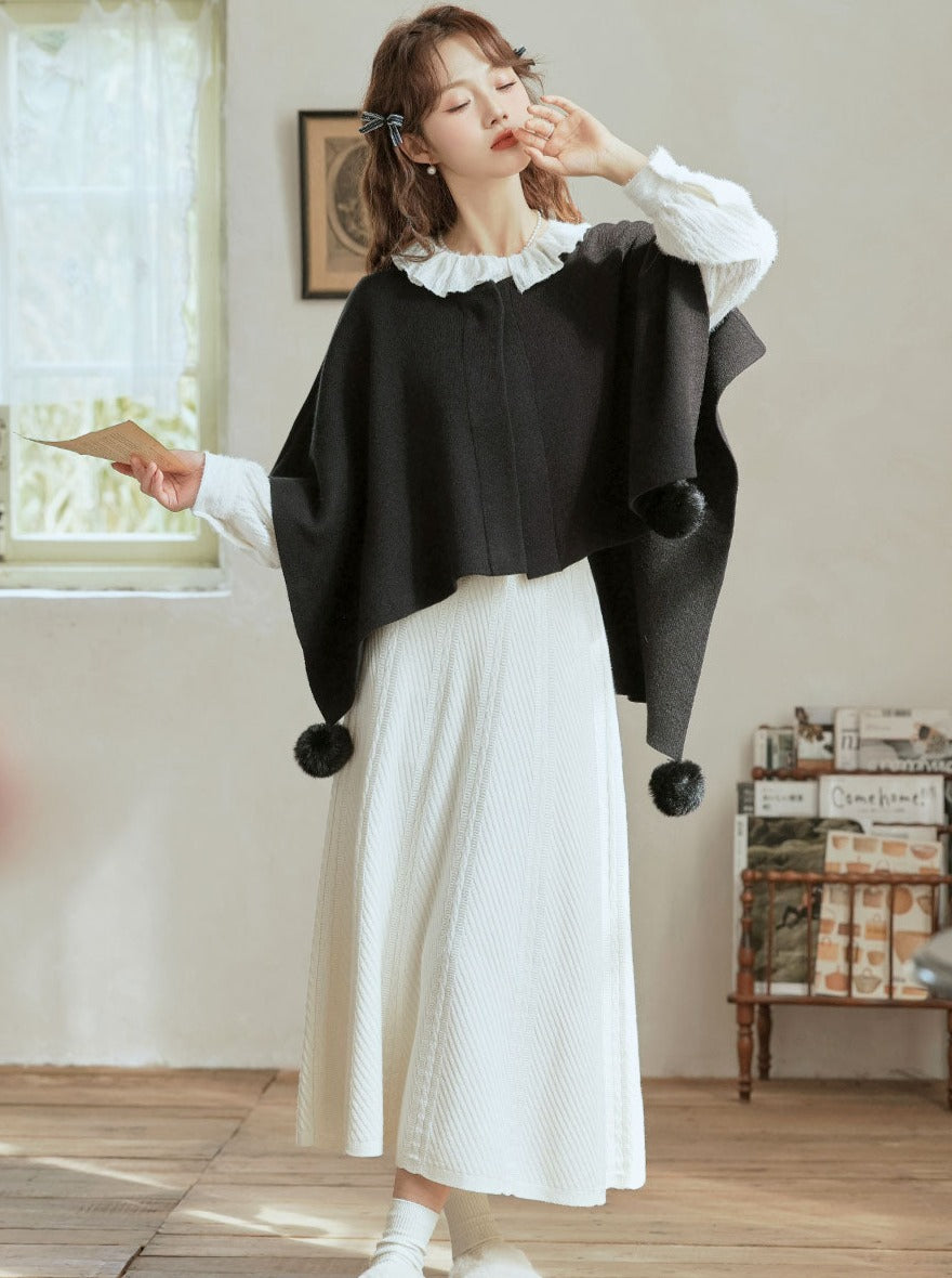 Fur Pompon Cape Cloak