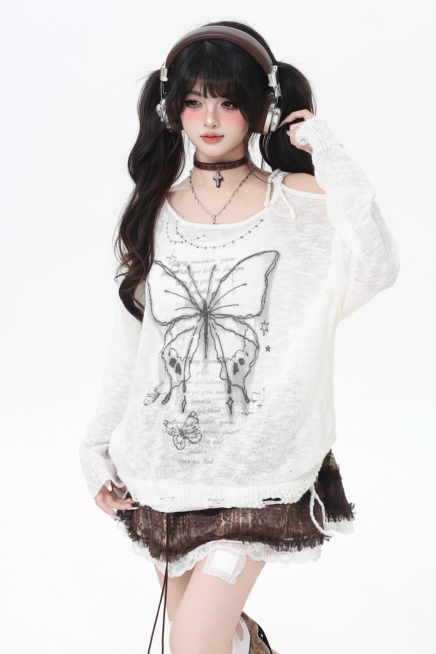 レイジーカットアウトオフショルダーレーストップス