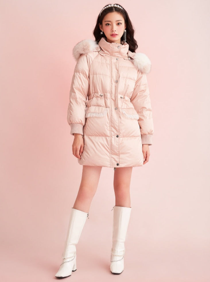 Pink Mid Length Fox Fur White Duck Down Jacket