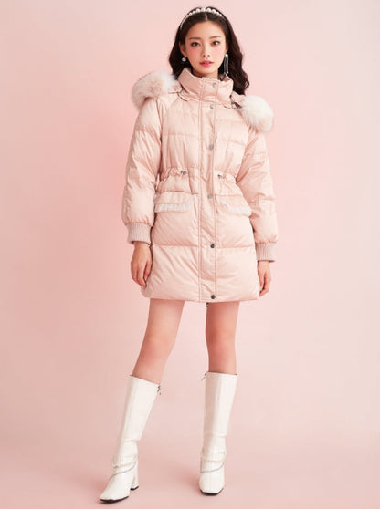 Pink Mid Length Fox Fur White Duck Down Jacket