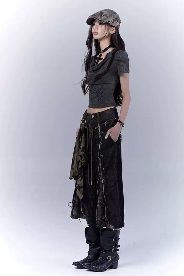 カモフラージュディストレストクロップドパンツ+スカーフ