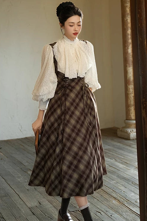 Retro Tie Waist Flare Suspender Skirt