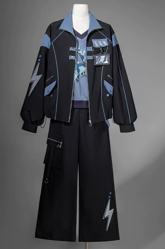 Black Blue Color-Block Workwear Jacket Sweatshirt Wide-Leg Pants Set-Up