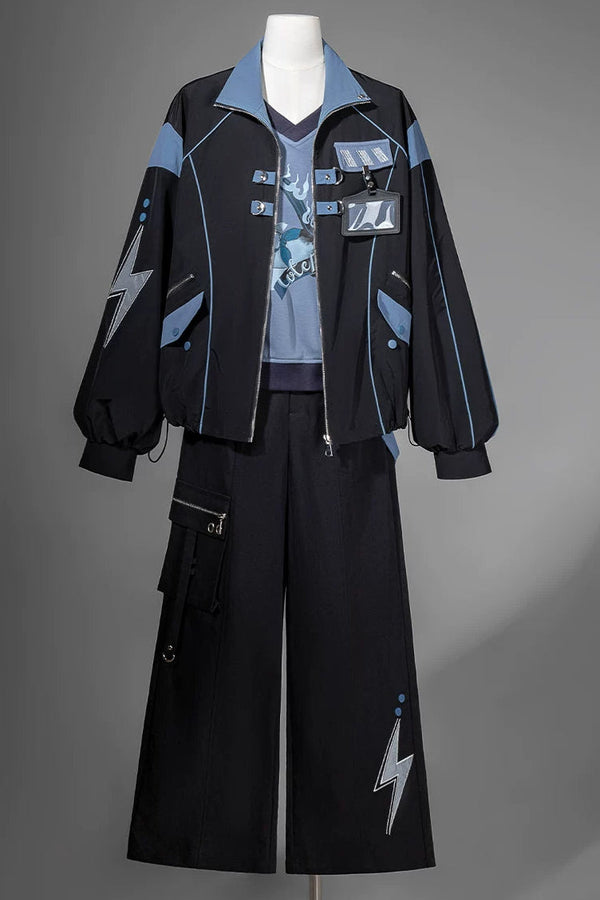 Black Blue Color-Block Workwear Jacket Sweatshirt Wide-Leg Pants Set-Up