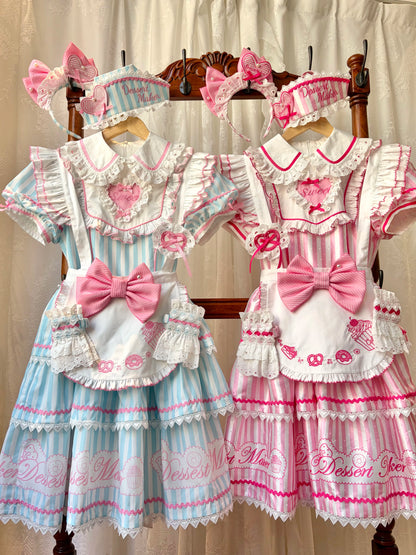 【6月18日予約締切】ピンク/ ブルー/ブラックスイートメイドロリータキャンディストライプティアードドレス＋ドレスセット1/2/3