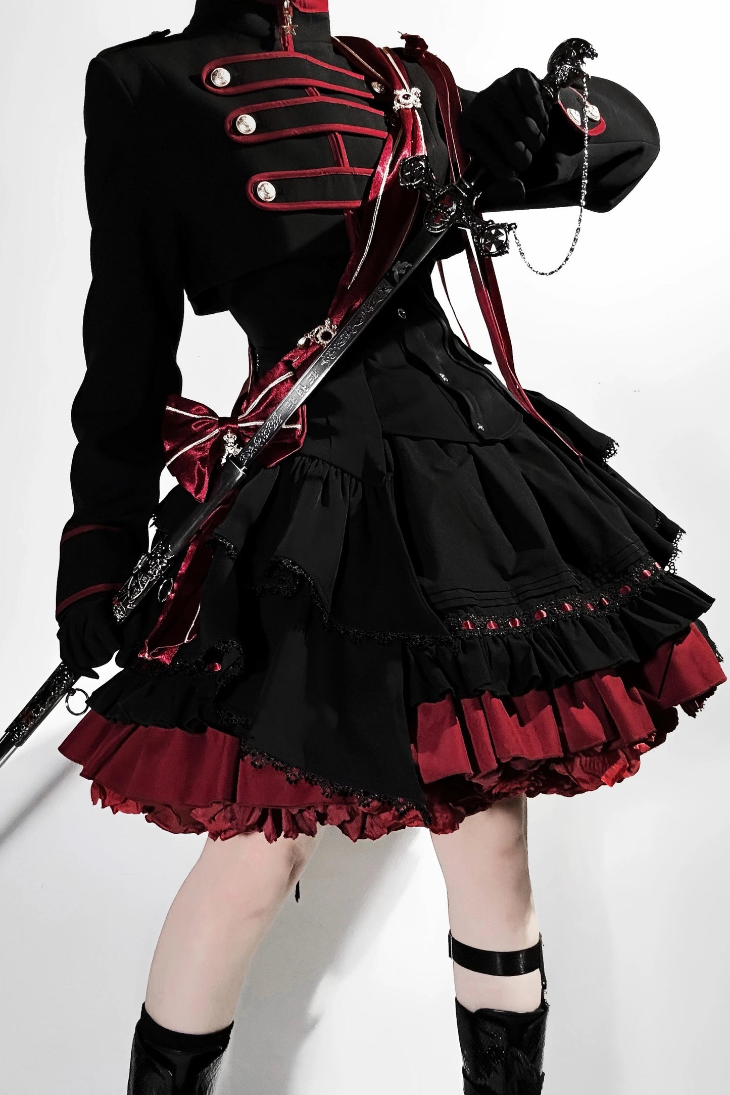 【9月13日予約締切】Black Red Military Ruffle Lolita Series Accessories (Officer cap ・ Leg covers ・ Sash)
