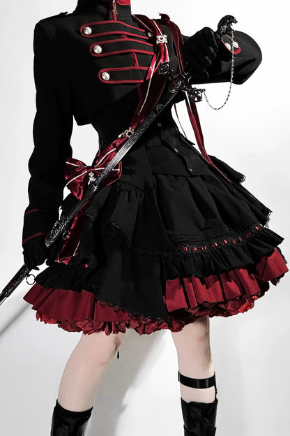 【9月13日予約締切】Black Red Military Ruffle Lolita Series Accessories (Officer cap ・ Leg covers ・ Sash)