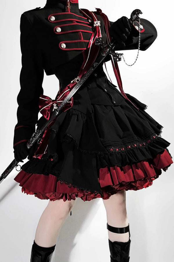 【9月13日予約締切】Black Red Military Ruffle Lolita Jacket (with epaulet bow) + Shirt + Short Skirt Set / Shorts Set + Complete set 1/2 (Officer cap + Leg covers + Sash)