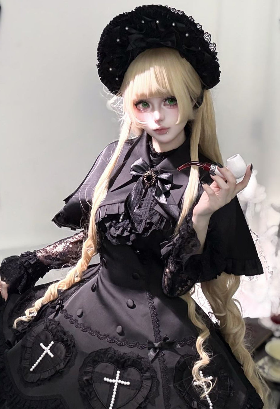 【12月6日予約締切】Night Crossダークエレガントゴシックロリータジュエルリボンケープ＋ショートドレス