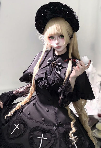 【12月6日予約締切】Night Crossダークエレガントゴシックロリータジュエルリボンケープ＋ショートドレス