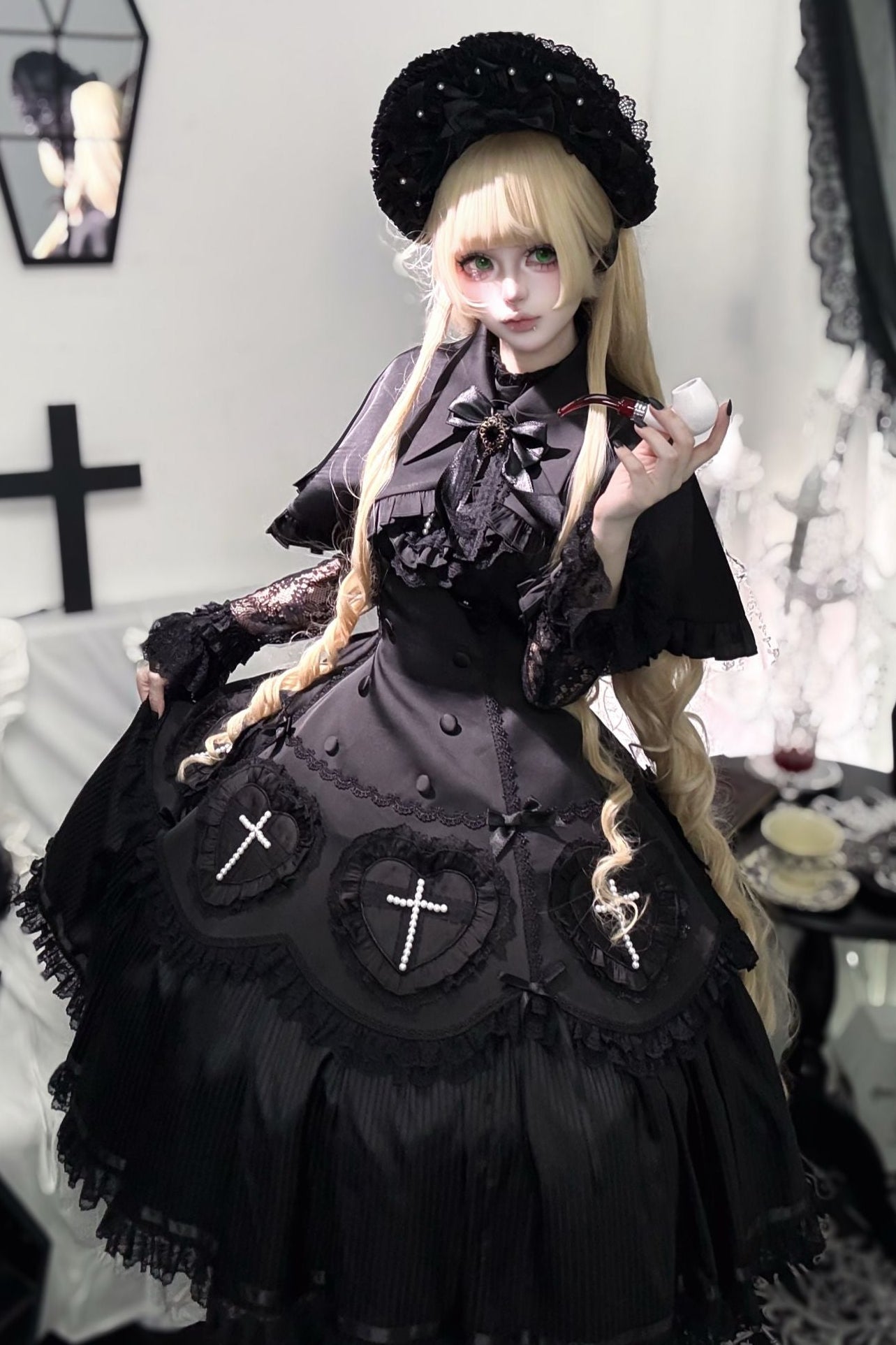 【12月12日予約締切】Night Crossダークエレガントゴシックロリータジュエルリボンケープ＋ロングドレスセット