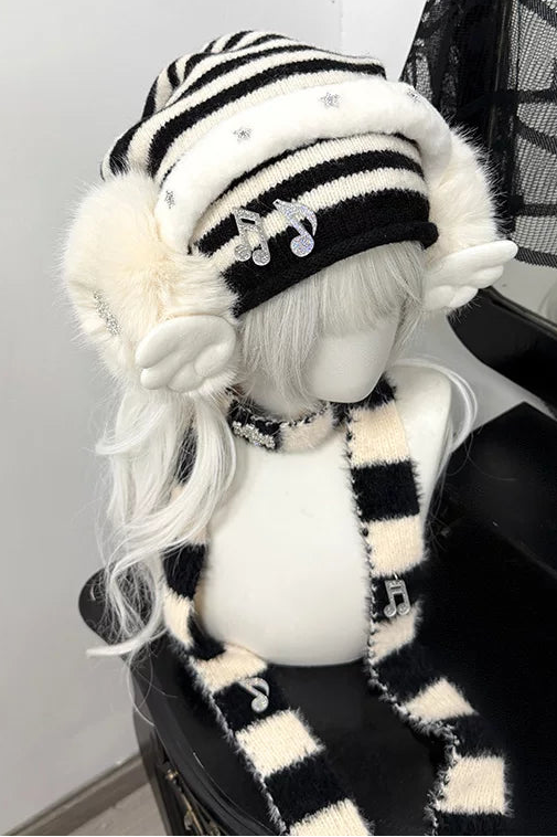 Striped knit hat + ear muffs + scarf