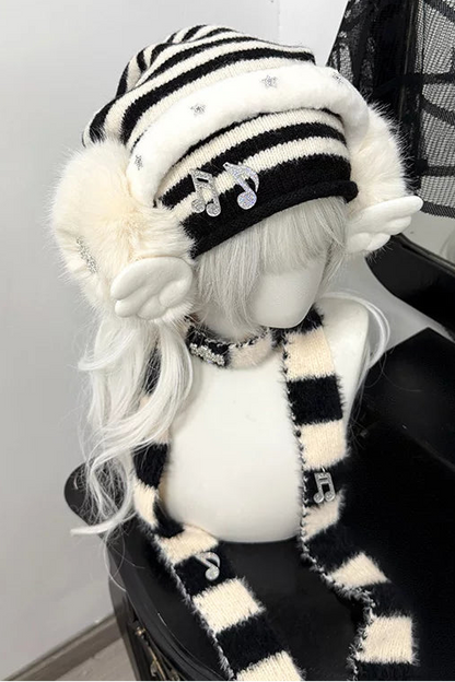 Striped knit hat + ear muffs + scarf
