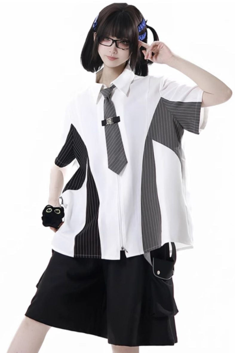 Casual stripe stitch design shirt + hooded shirt + + half pants + culottes + tie