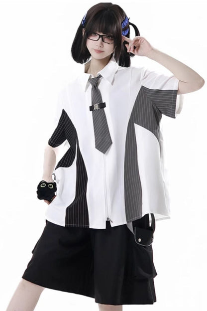 Casual stripe stitch design shirt + hooded shirt + + half pants + culottes + tie