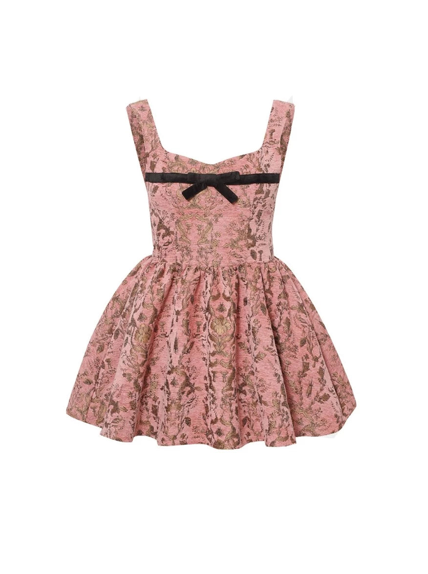 Pink Bronze Jacquard Velvet Contrast Color Ribbon Dress