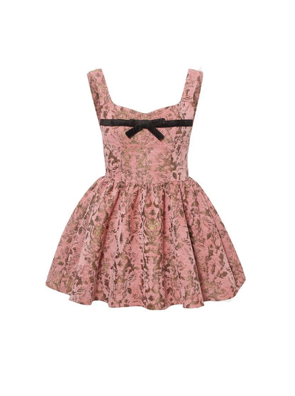 Pink Bronze Jacquard Velvet Contrast Color Ribbon Dress