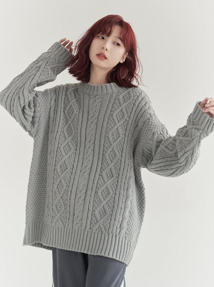 Twist Pattern Round Neck Sweater Loose Top