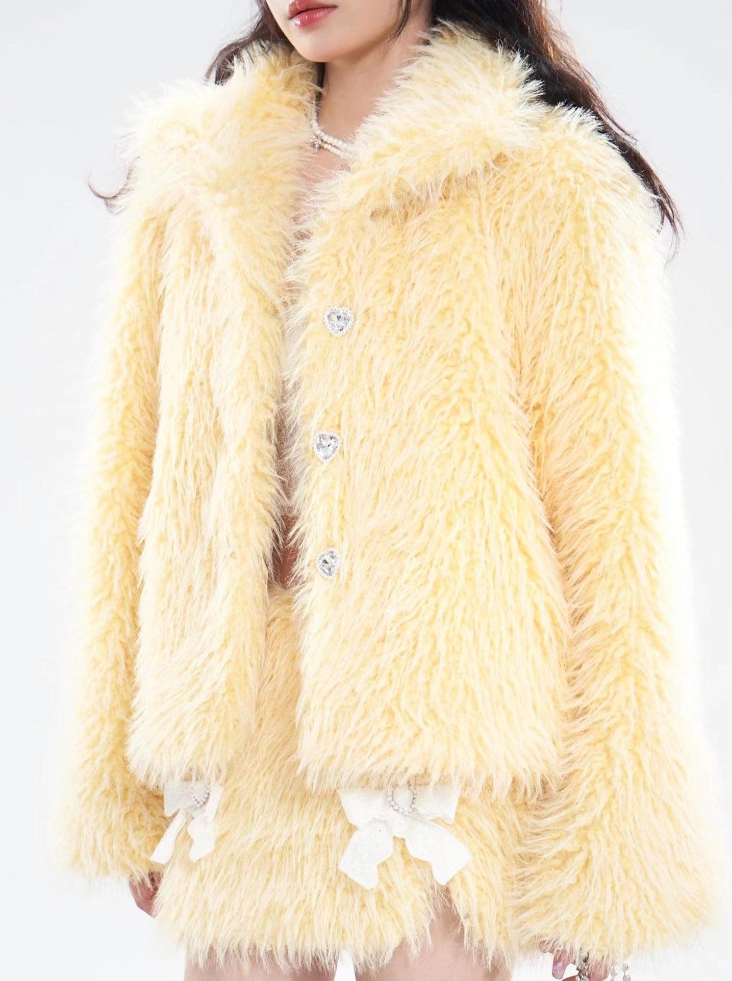 Milky Yellow Fur Coat + Fur Ribbon Skirt