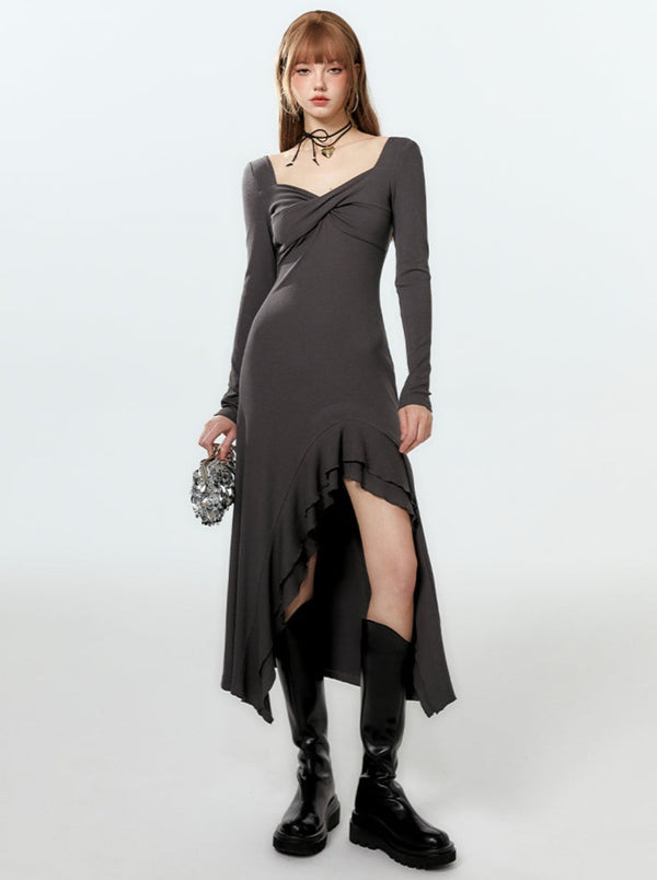 Asymmetrical Ruffle Slit Long Mode Dress