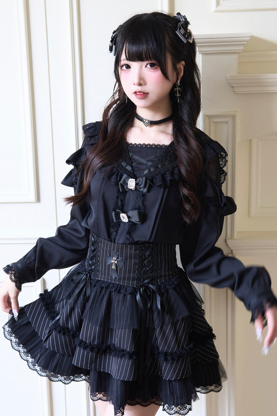 Sailor collar lace ribbon shirt