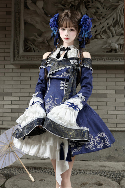 [Reservierungsschluss am 9. Oktober] Dunkelblau-weißes Gothic-Chinese-Lolita-Kleid mit Stickerei eines neunschwänzigen Fuchses + schulterfreie Jacke mit Glockenärmeln im Set