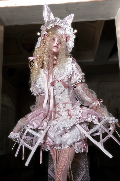 [Date limite de précommande : 6 octobre] Pink Castle Bunny ensemble poupée romantique avec haut corset à manches bouffantes en dentelle + short + surjupe à volants + surjupe cage à oiseaux Set 1/2/3