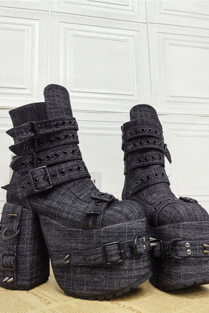 Punk Denim Chunky Heel Boots