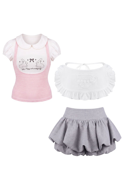 Conjunto de camisa con estampado de conejo y pantalones bombacho grises