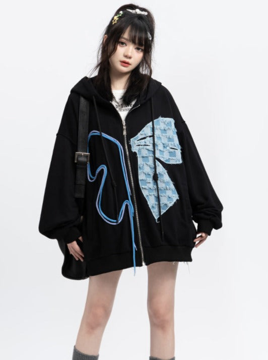 Denim Butterfly Over Hooded Hoodie