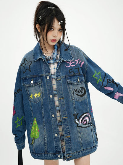 Spray art design oversized denim jacket