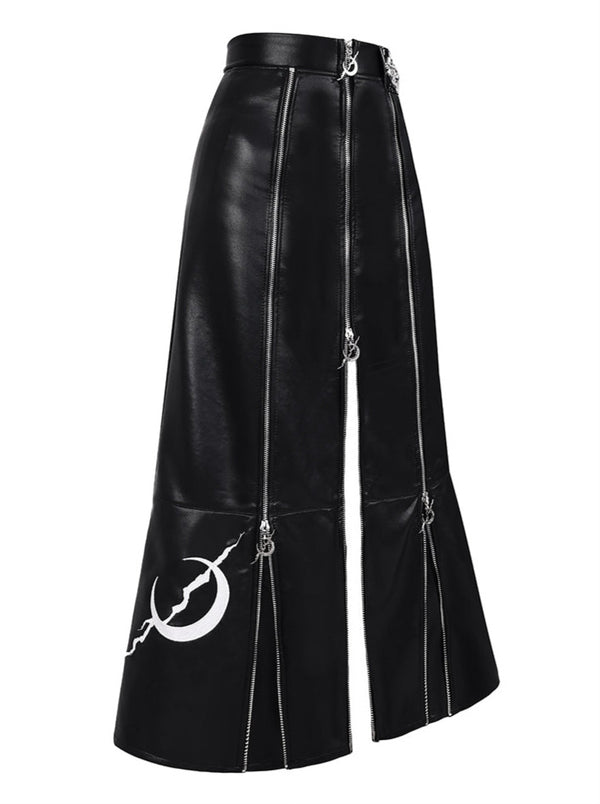 Electric Moon Design Zip Super A-Line Leather Long Skirt