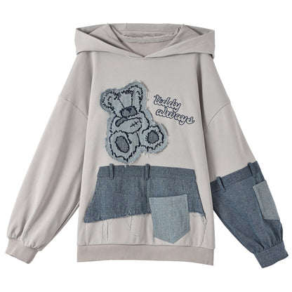 Patchwork Bear Design Loose Hooded Hoodie + Sweatpants