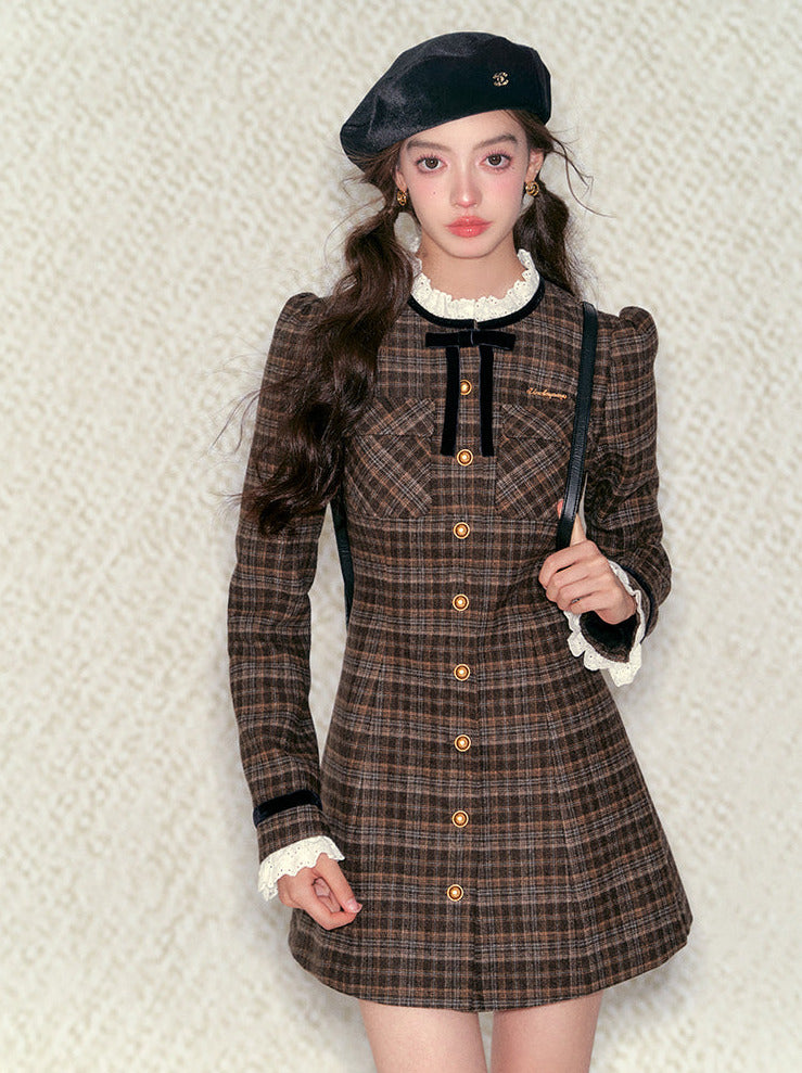 French Retro Ribbon Lace Brown Check Dress [Reserved Products]