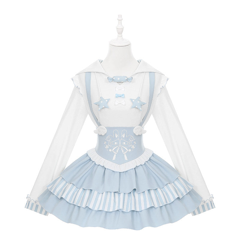 Bunny Ear Hooded Sweatshirt Suspender Skirt With Top Set-Up