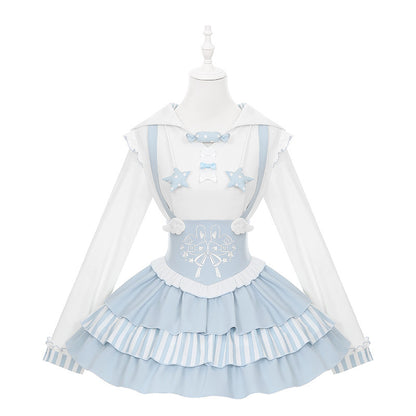 Bunny Ear Hooded Sweatshirt Suspender Skirt With Top Set-Up