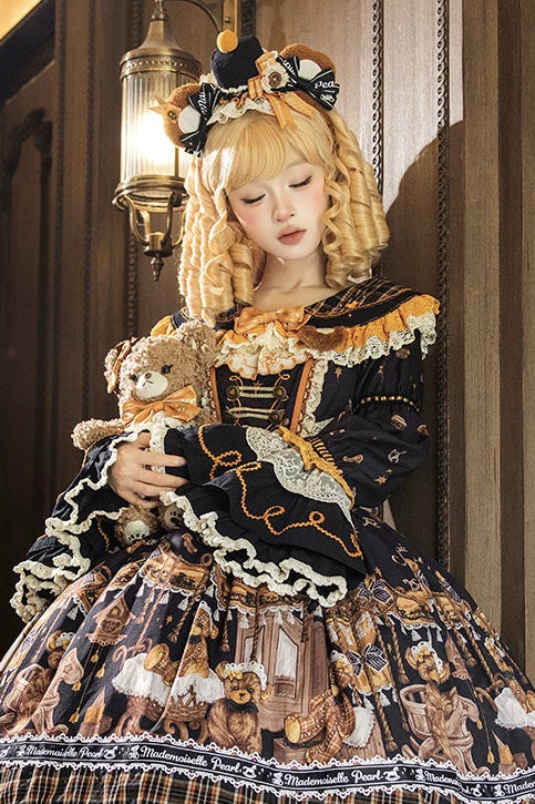 【9月8日予約締切】Vintage Teddy Bear Classic Lolita Series Accessories（Black Hat With Ribbon Train / Mini Hat &amp; Bear Ear KC With Ribbon Decoration / Bear Ear Bonnet / Brown Bear Brooch / Bear Embroidered Brooch）