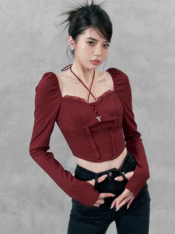 Plus Square Neck Long Sleeve Corset Top