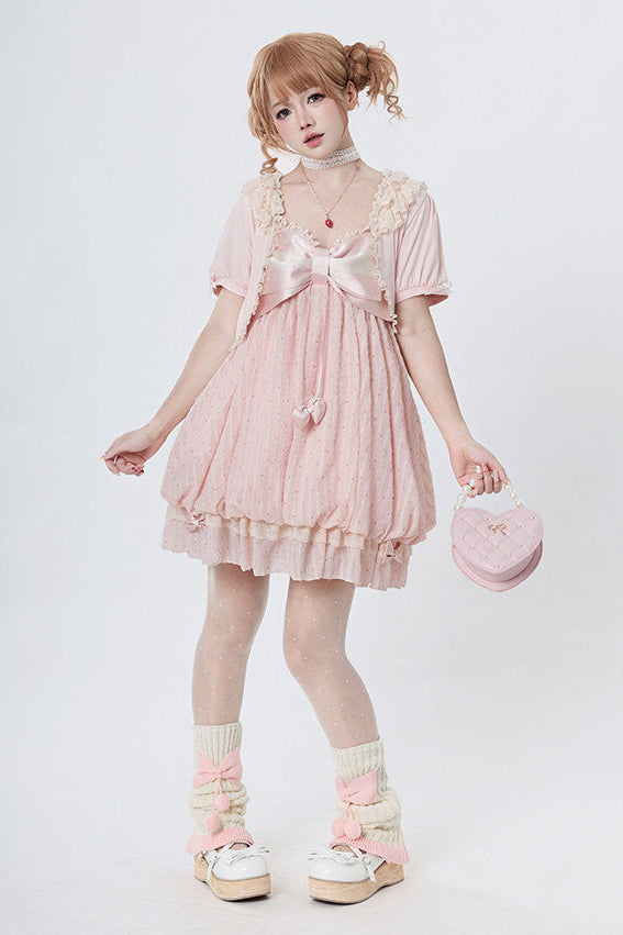 [Reservierungsschluss 29. Mai] Romantisches Feen-Ballonkleid mit rosa Punkten und Schleife
