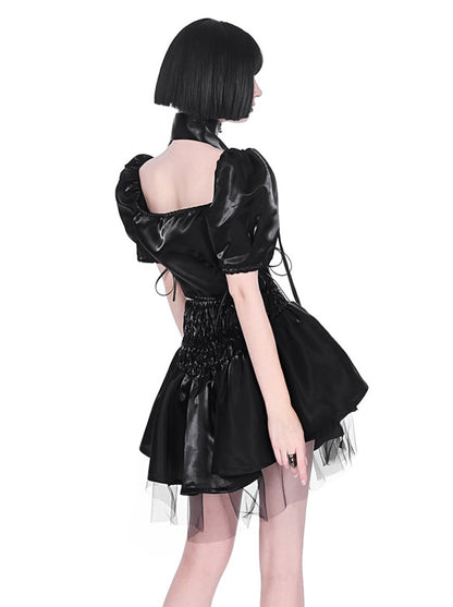 Cyberpunk glitter setup cross neck stole + puff sleeve short top + lace up tulle skirt