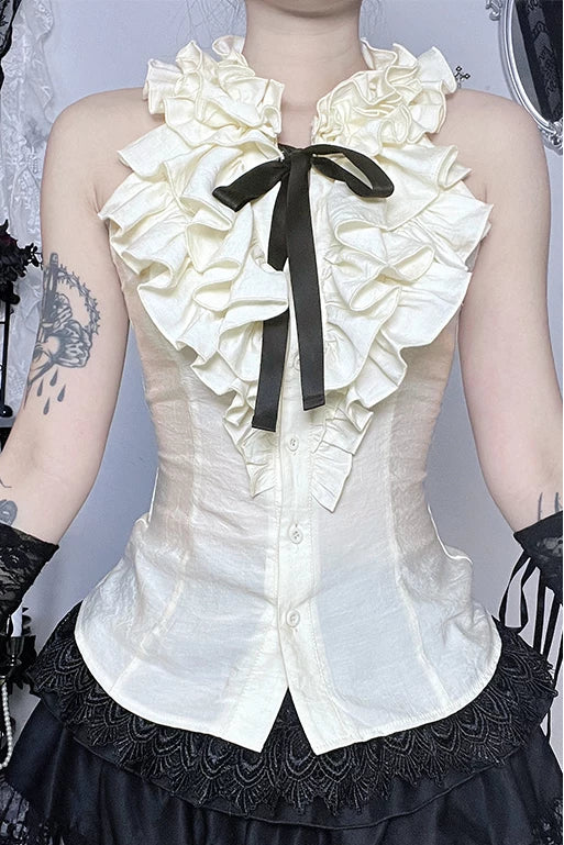 프릴 궁전 레이스 민소매 탑