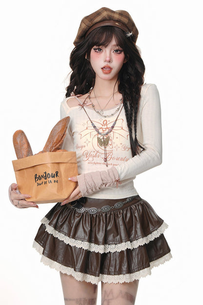 Mocha Leather Lace Puff Skirt