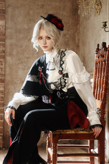 【10月2日予約締切】Gothic Knight Prince Lolita Victorian Lace Ruffle Shirt +Jewel Jabot Tie + Vintage Buckle Crimson Panel Pants (With Detachable Decorative Handkerchief)
