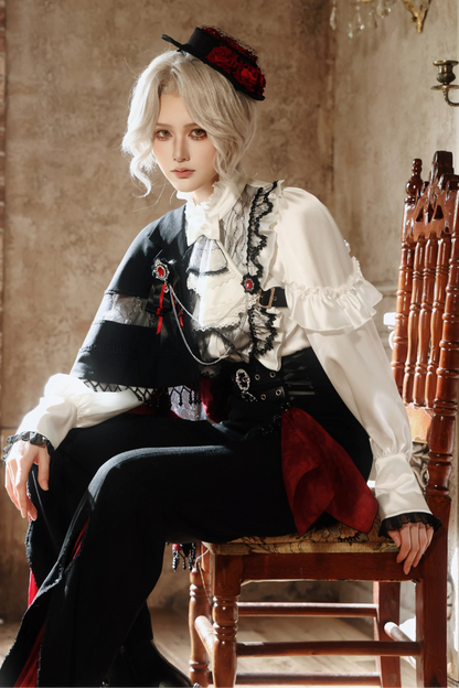 【10月2日予約締切】Gothic Beaded Lace Trim Knight One-Shoulder Cape (With Red Lining) + Jewel Chain Brooch