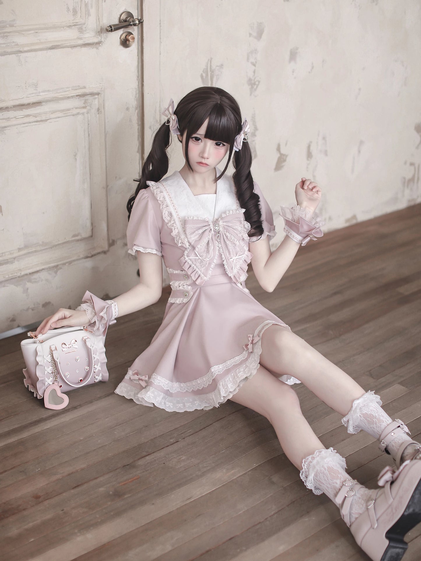 [Pre-order Deadline: April 15] Sailor Collar Pink Lace Jewel Ribbon Dress + Accessories