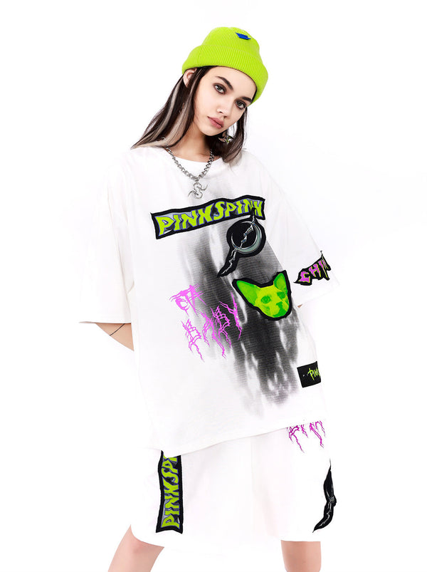 Electric Muongraphic Cat Print Street T -shirt + Short Pants